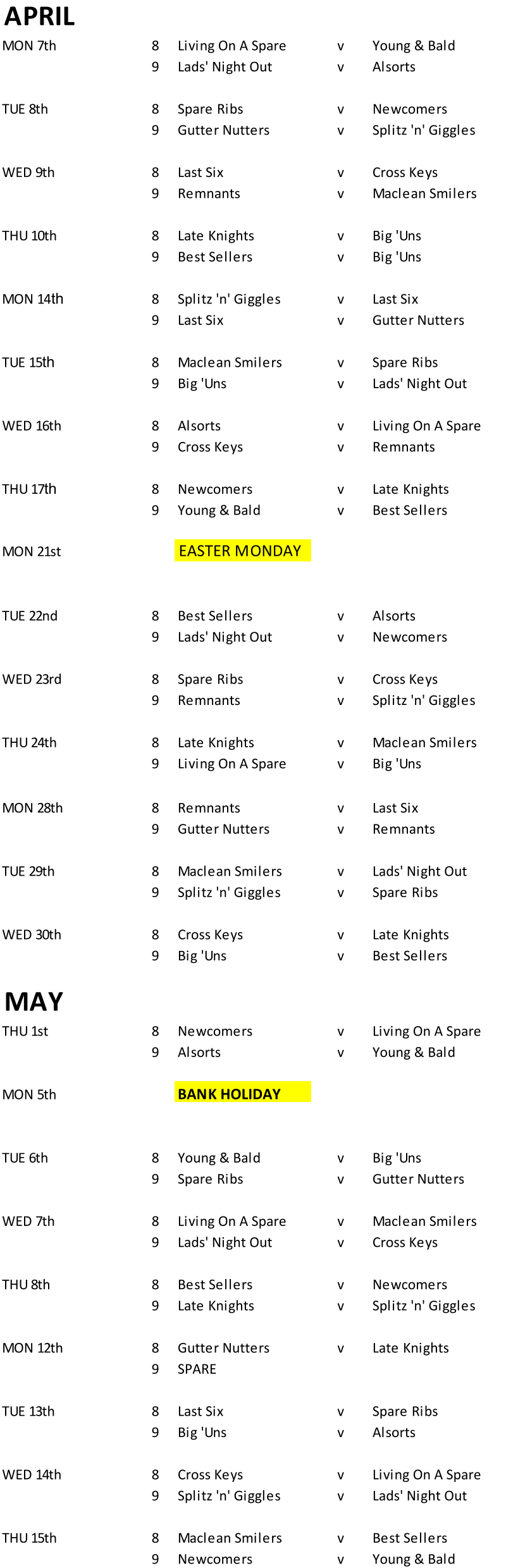 APRIL MON 7th 8 Living On A Spare v Young & Bald 9 Lads' Night Out v Alsorts TUE 8th 8 Spare Ribs v Newcomers 9 Gutter Nutters v Splitz 'n' Giggles WED 9th 8 Last Six v Cross Keys 9 Remnants v Maclean Smilers THU 10th 8 Late Knights v Big 'Uns 9 Best Sellers v Big 'Uns MON 14 th 8 Splitz 'n' Giggles v Last Six 9 Last Six v Gutter Nutters TUE 15 th 8 Maclean Smilers v Spare Ribs 9 Big 'Uns v Lads' Night Out WED 16th 8 Alsorts v Living On A Spare 9 Cross Keys v Remnants THU 17 th 8 Newcomers v Late Knights 9 Young & Bald v Best Sellers MON 21st EASTER MONDAY TUE 22nd 8 Best Sellers v Alsorts 9 Lads' Night Out v Newcomers WED 23rd 8 Spare Ribs v Cross Keys 9 Remnants v Splitz 'n' Giggles THU 24th 8 Late Knights v Maclean Smilers 9 Living On A Spare v Big 'Uns MON 28th 8 Remnants v Last Six 9 Gutter Nutters v Remnants TUE 29th 8 Maclean Smilers v Lads' Night Out 9 Splitz 'n' Giggles v Spare Ribs WED 30th 8 Cross Keys v Late Knights 9 Big 'Uns v Best Sellers MAY THU 1st 8 Newcomers v Living On A Spare 9 Alsorts v Young & Bald MON 5th BANK HOLIDAY TUE 6th 8 Young & Bald v Big 'Uns 9 Spare Ribs v Gutter Nutters WED 7th 8 Living On A Spare v Maclean Smilers 9 Lads' Night Out v Cross Keys THU 8th 8 Best Sellers v Newcomers 9 Late Knights v Splitz 'n' Giggles MON 12th 8 Gutter Nutters v Late Knights 9 SPARE TUE 13th 8 Last Six v Spare Ribs 9 Big 'Uns v Alsorts WED 14th 8 Cross Keys v Living On A Spare 9 Splitz 'n' Giggles v Lads' Night Out THU 15th 8 Maclean Smilers v Best Sellers 9 Newcomers v Young & Bald